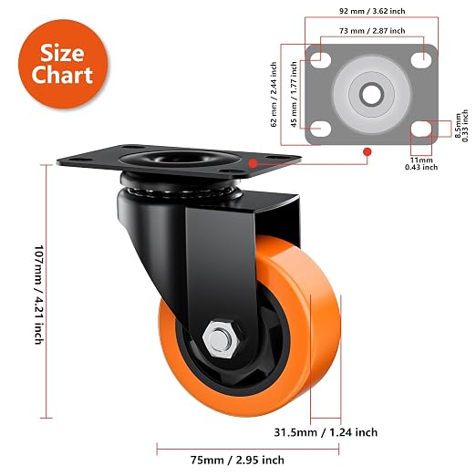 3" Swivel Plate Casters Set of 8 Heavy Duty 1000 lbs | Orange PU, Non-Marking - Image 2