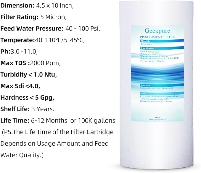 Geekpure 10 Inch Whole House Replacement Water Filters Set w/PP and Carbon - Image 5