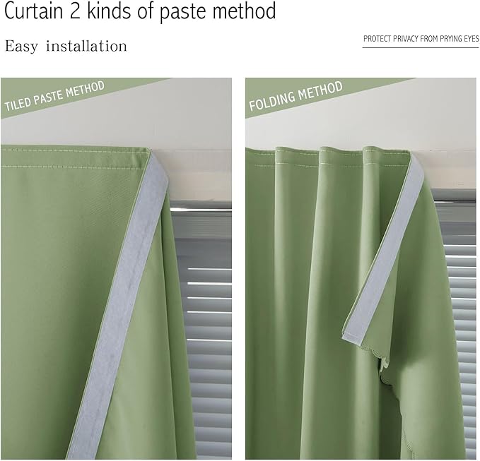 Magic Tape Blackout Curtains for Bedroom No Drillng Self Adhesive Curtains No Rod Small Window, 47" W X 71" L, Sage Green, 1 Panel