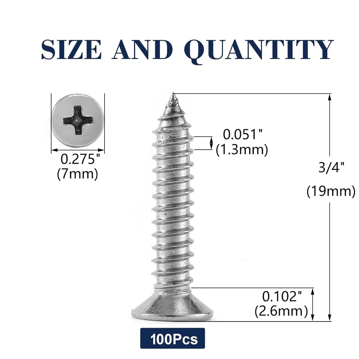 #6 x 3/4" Wood Screw 100Pcs 18-8 (304) Stainless Steel Screws Flat Head Phillips Fast Self Tapping Drywall Screws by SG TZH