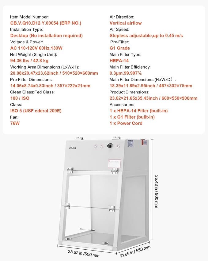 VEVOR Laminar Flow Hood, 20.08 x 20.47 x 23.62 inch Working Area Portable Clean - Image 7
