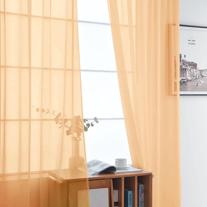SpaceDresser Sheer Voile Window Treatment Rod Pocket Curtain Panels for Kitchen Bedroom Living Room Drapes Sunlight Filtering Privacy Semi Home Decor Assorted Colors Sizes (Beige, 52 W x 108 L)