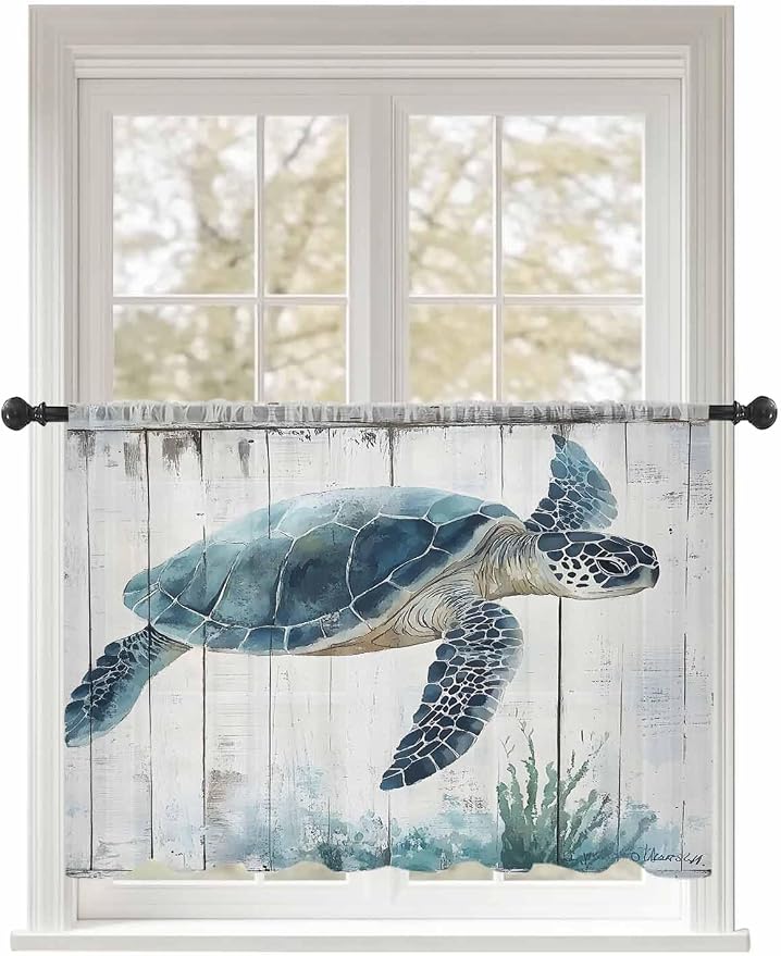 Sheer Curtains 54 Inch Length, Sea Turtle Teal Blue Semi Sheer Curtains Light by Unknown