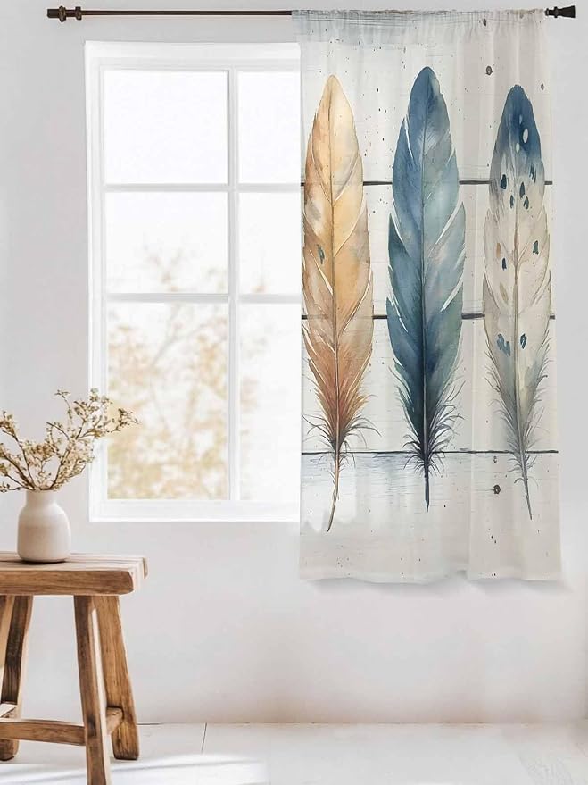 Sheer Curtains 72 Inches Long, Boho Blue Feathers Semi Sheer Curtains Light - Image 3