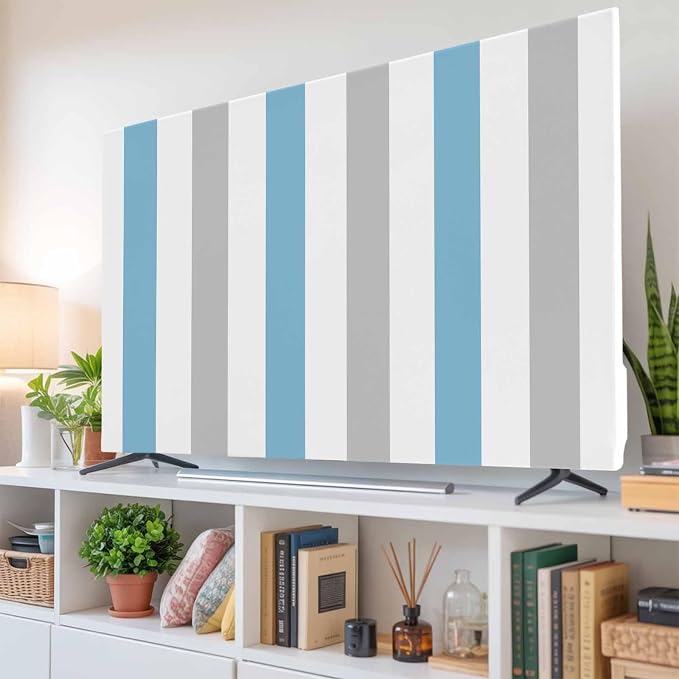 Abstract Blue Gray Striped Indoor TV Cover, Elastic TV Screen Protector Modern - Image 6
