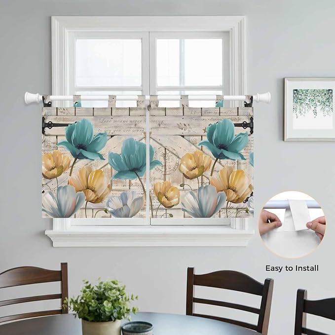 Watercolor Flowers Kitchen Curtains 24 Inch Length, Small Window Curtains Tab - Image 4