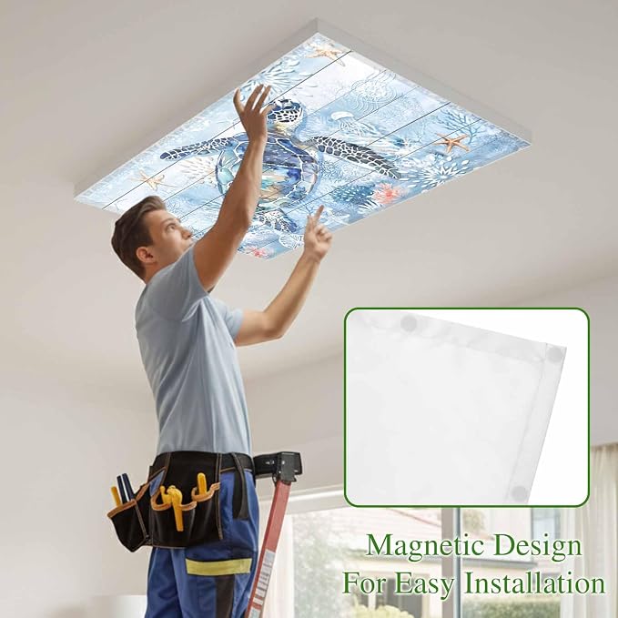 2 Pack Sea Turtle Fluorescent Light Covers Ocean Starfish Coral Blue Wood Grain - Image 3