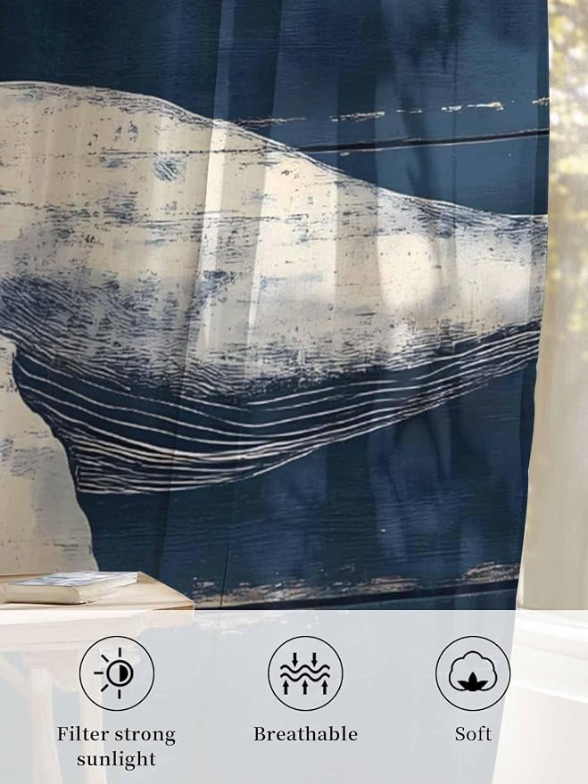Sheer Curtains 54 Inch Length, Ocean Vintage Whale Semi Sheer Curtains Light - Image 6
