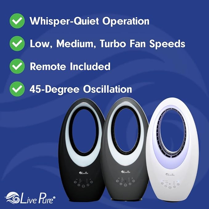 LivePure Bladeless Oscillating Fan w/Filter. 3-Speed Adjustment, Touch Control - Image 3