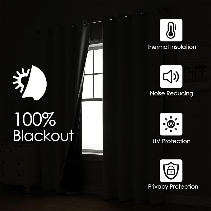 ChrisDowa 100% Blackout Curtains for Bedroom with Black Liner, 2 Thick Layers Total Blackout Thermal Insulated Grommet Small Window Curtains 2 Panels Set (Greyish White, 42 x 54 Inch)