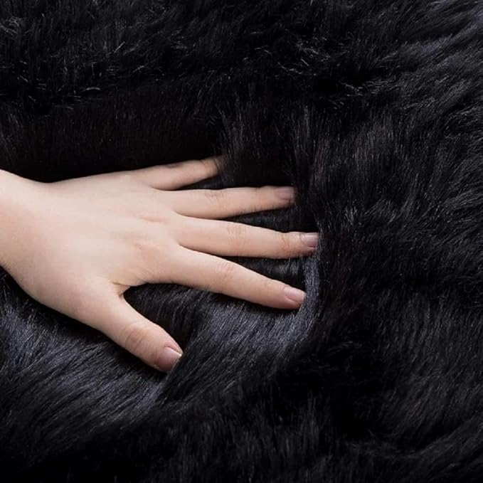 ORINOVA Black Fuzzy Washable Shaggy Area Rugs for Bedroom Small Circle Faux Sheepskin Shag Fur Round Rug 3ft Nursery Rug