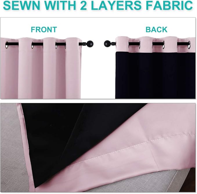 NICETOWN 100% Blackout Window Curtain Panels, Heat and Cold Blocking Drapes with Black Liner for Nursery, 60" Thermal Insulated Draperies (Lavender Pink, 2 Pieces, 37" Wide Each Panel)
