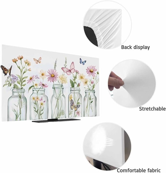 Watercolor Spring Flowers in Vase Indoor TV Cover, Elastic TV Screen Protector - Image 7