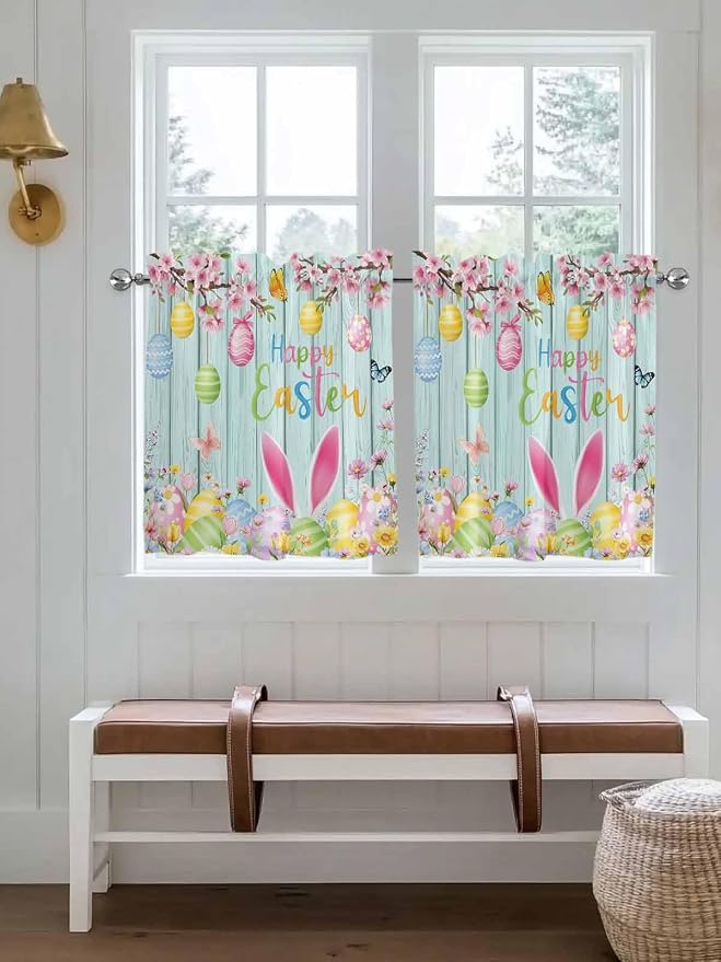 Happy Easter Half Window Curtain 36 Inches Long, Spring Bunny Eggs Flower Teal - Image 4