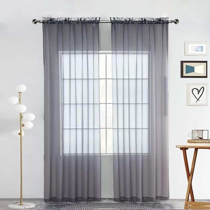 SpaceDresser Sheer Voile Window Treatment Rod Pocket Curtain Panels for Kitchen Bedroom Living Room Drapes Sunlight Filtering Privacy Semi Home Decor Assorted Colors Sizes (Grey, 52 W x 90 L)
