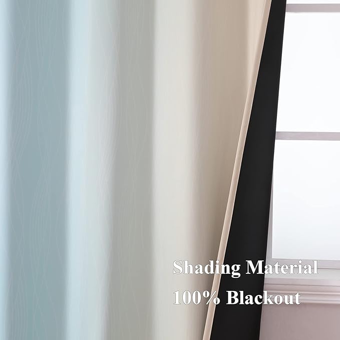Estelar Textiler Beige and Aqua Ombre Blackout Curtains 45 Inch Length 2 Panels, Full Room Darkening Gradient Drapes for Kitchen, Thermal Insulated Grommet Short Curtains for Bathroom, 42Wx45L
