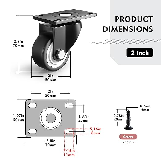 2 Inch Caster Wheels, Heavy Duty Casters Set of 4, Load 600lbs Industrial - Image 2