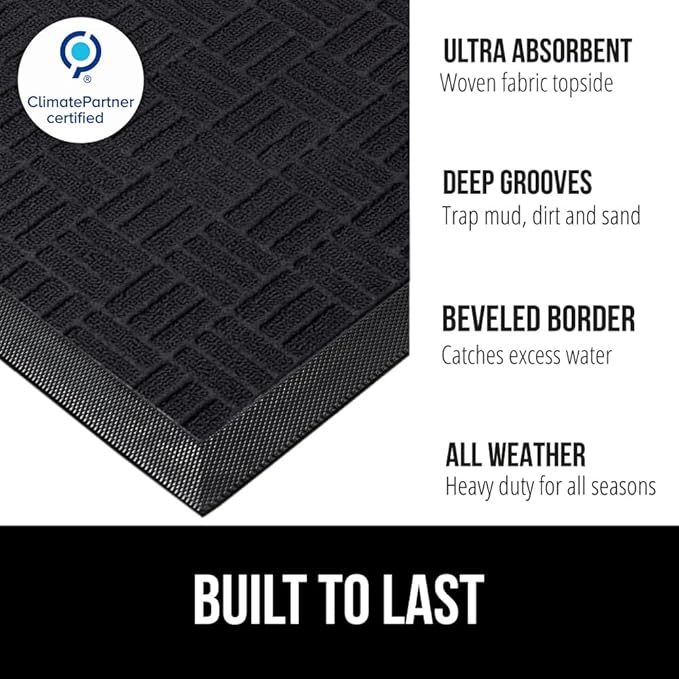 GORILLA GRIP 100% Waterproof All-Season WeatherMAX Doormat, 72x24, US Designed Natural Rubber, Stain and Fade Resistant, Low Profile Indoor Outdoor Door Mats, Easy Clean Patio Mat, Black Maze