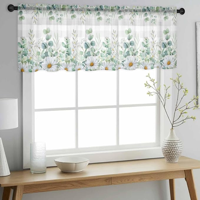 Eucalyptus Leaves Daisy Sheer Valance Curtains, Summer Farmhouses Gray Plaid - Image 3