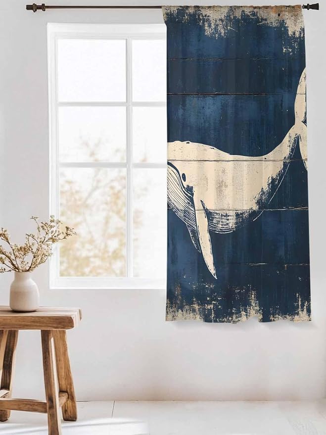 Sheer Curtains 63 Inch Length, Ocean Whale Blue Semi Sheer Curtains Light - Image 3