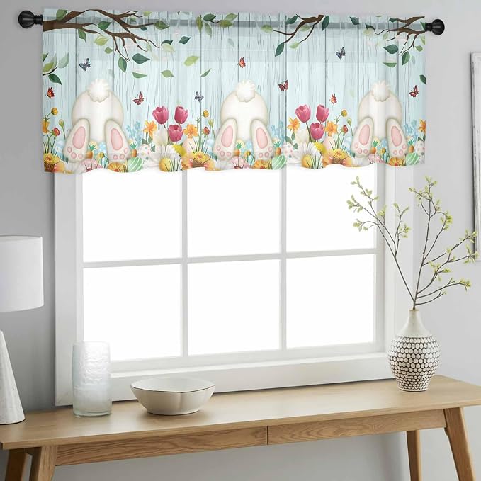 Easter Sheer Valances for Windows 42"x18", Light Filtering Kitchen Curtains - Image 2