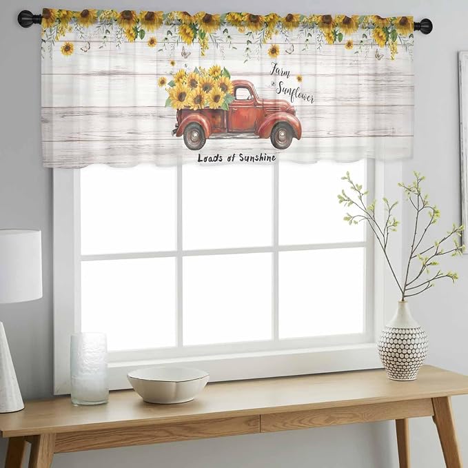 Farmhouses Sunflowers Sheer Valance Curtains, Retro Floral Leaves Red Truck - Image 3