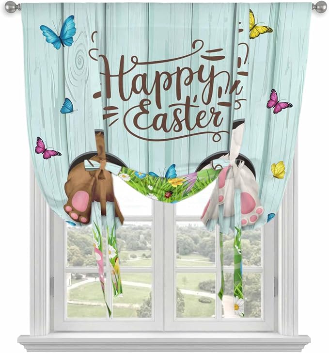 Tie Up Curtains, Happy Easter Bunny Butt Egg Floral Adjustable Rod Pocket by Unknown