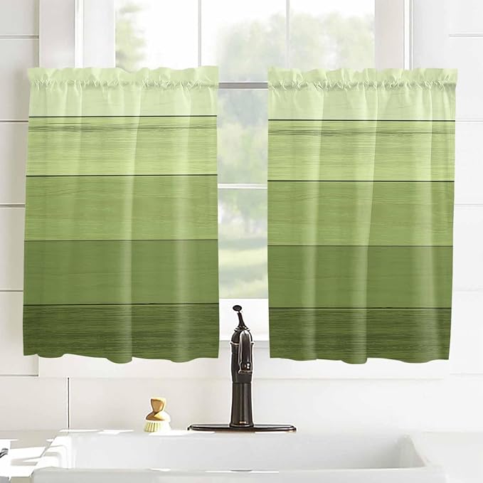 Gradient Green Wooden Board Window Valance Curtains, Retro Country Wood Grain - Image 8