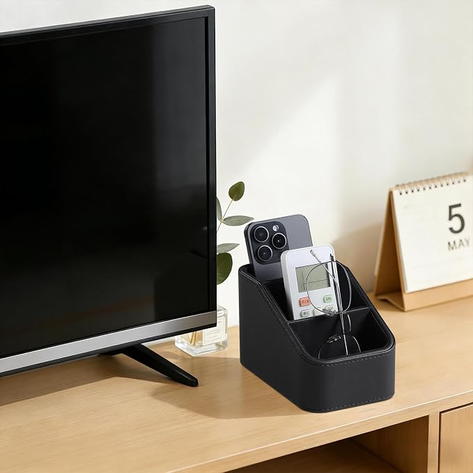 PU Leather Remote Control Holder, Small Desk Organizer Office Supply Bedside - Image 2