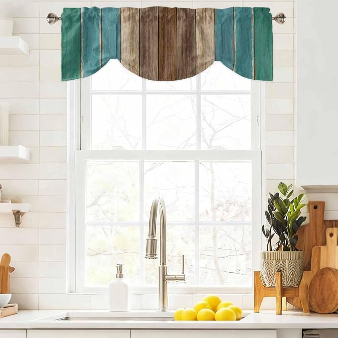 Teal Blue Brown Tie Up Valance Curtains - Image 9