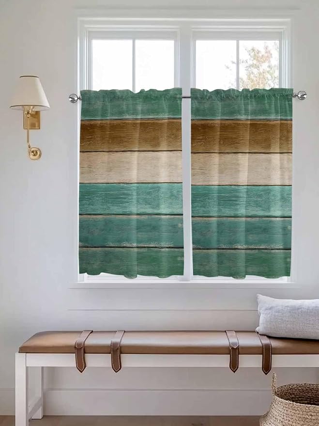 Vintage Plank Turquoise Brown Window Valance Curtains, Farmhouse Wood Grain - Image 3