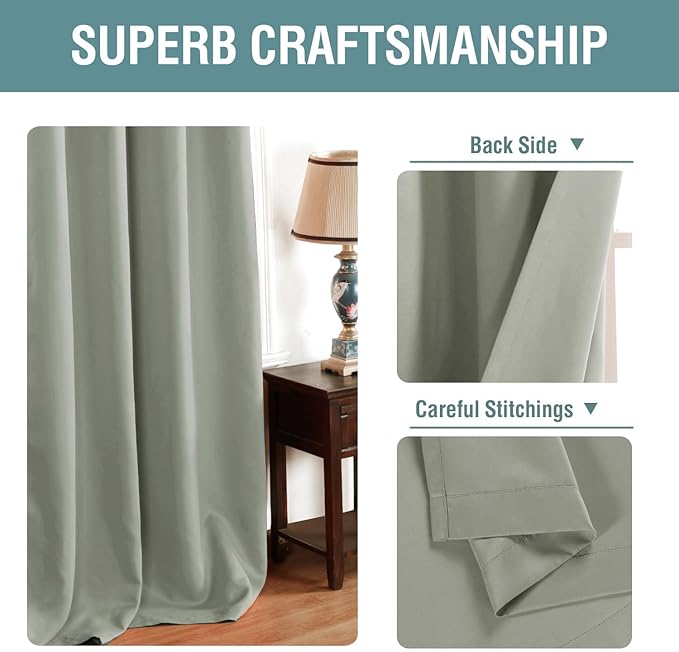 H.VERSAILTEX Sage Green Curtains/Drapes Blackout for Bedroom Room Darkening Thermal Curtains for Living Room Noise Reducing Sound Proof Solid Grommet Curtain (One Panel, Light Sage, 52" W x 90" L)