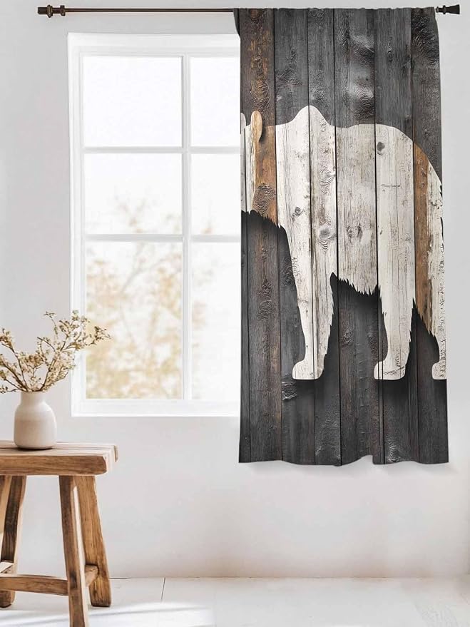 Sheer Curtains 63 Inch Length, Vintage White Brown Bear Semi Sheer Curtains - Image 3