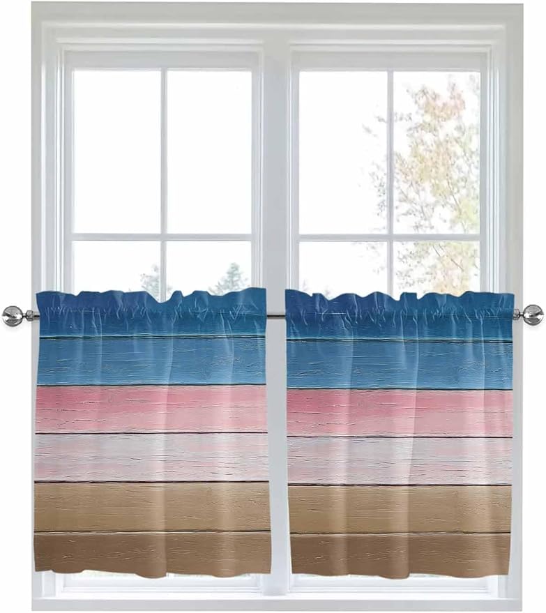Blue Pink Brown Gradient Wood Grain Window Valance Curtains, Vintage Wood Board - Image 9