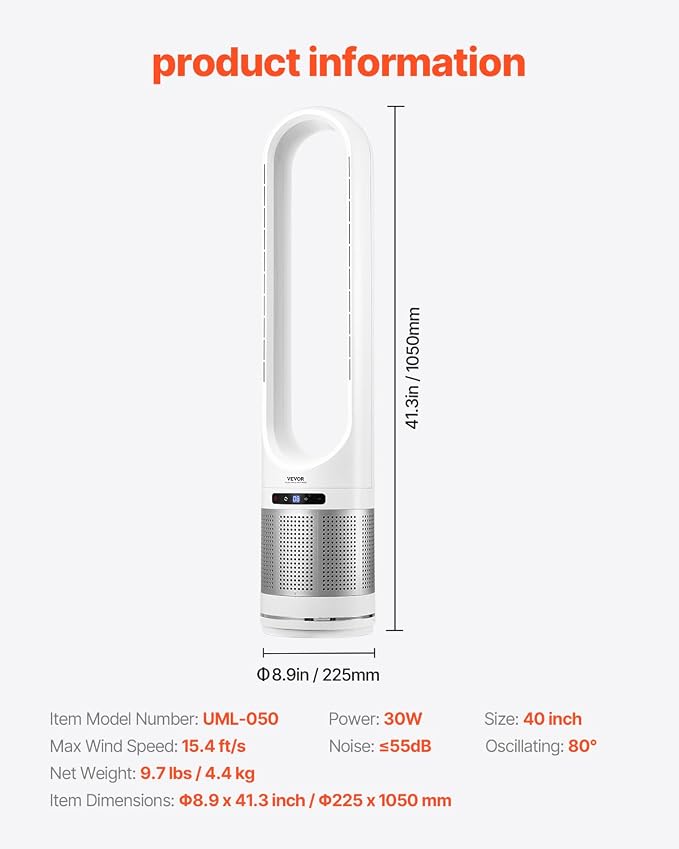 VEVOR Tower Fan Bladeless, 15.4ft/s Velocity Floor Fan - Image 7