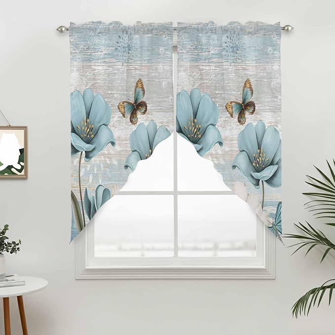 Spring Floral Swag Valances for Windows, Vintage Tulips Flower Butterfly Retro - Image 3