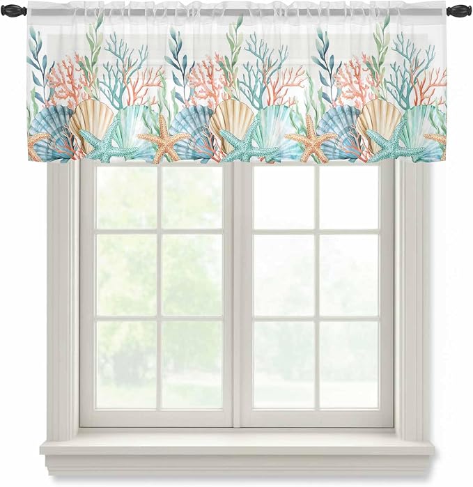 Summer Beach Sheer Valance Curtains, Ocean Colorful Coral Shell Seaweed by Houseown