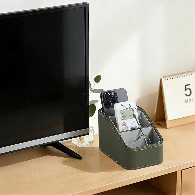 PU Leather Remote Control Holder, Small Desk Organizer Office Supply Bedside - Image 2