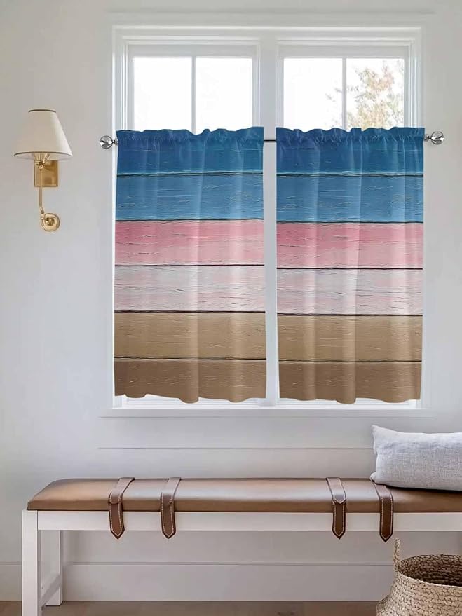 Blue Pink Brown Gradient Wood Grain Window Valance Curtains, Vintage Wood Board - Image 3
