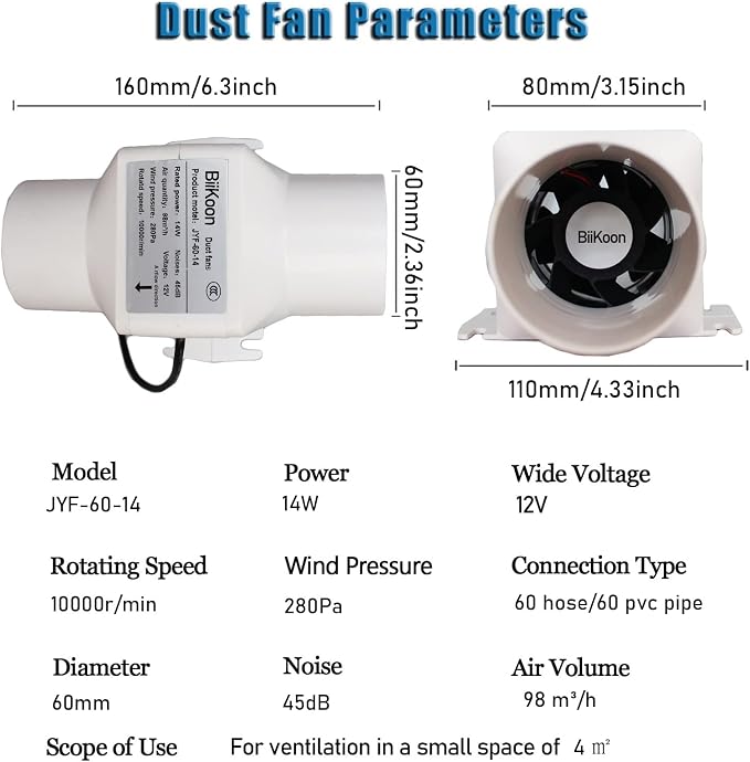 2.36”Inline Duct Fan 12V Dc Ventilation Exhaust Fan Small Hydroponics Blower - Image 2