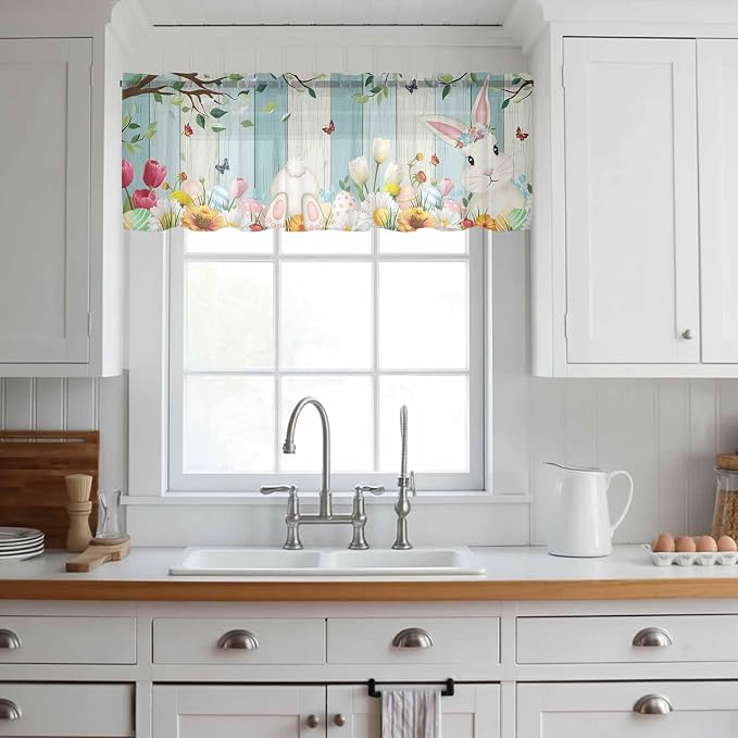 Easter Sheer Valances for Windows 54"x18", Light Filtering Kitchen Curtains - Image 3