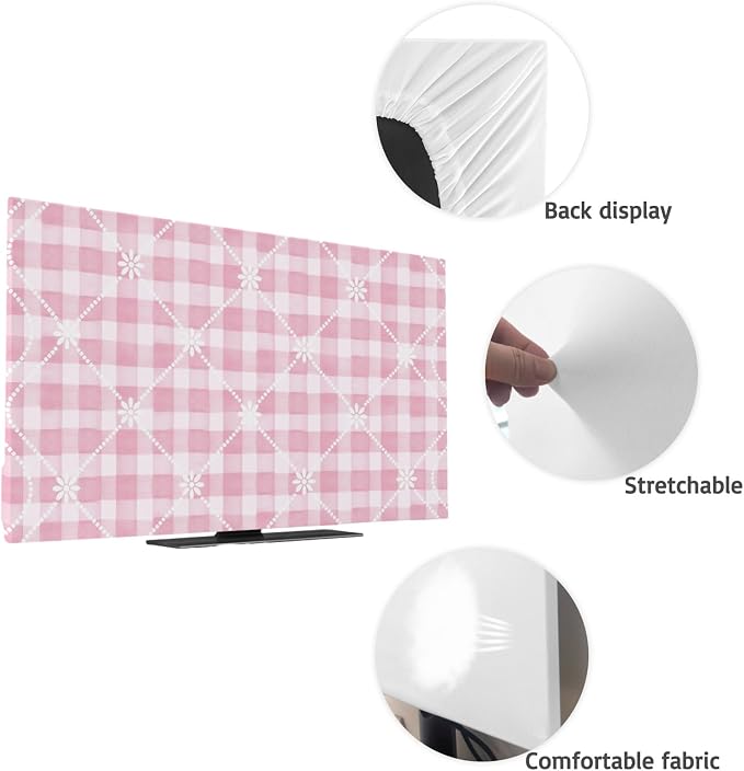 Pink Plaid Flower White Lattice Indoor TV Cover, Elastic TV Screen Protector - Image 7