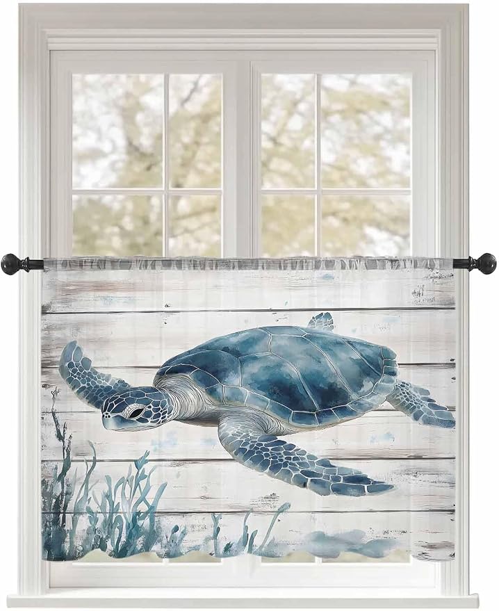 Sheer Curtains 45 Inch Length, Ocean Sea Turtle Semi Sheer Curtains Light by Unknown