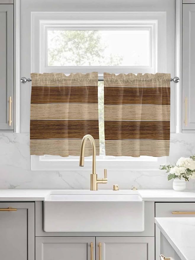 Retro Country Brown Wooden Board Window Valance Curtains, Farmhouse Gradient - Image 2