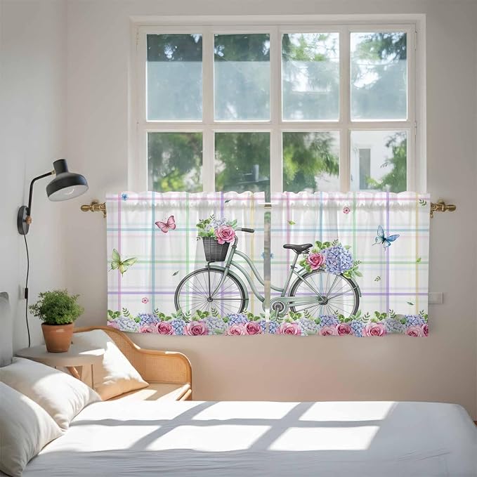 Spring Tier Curtains, Bicycles Botanical Leaves Rose Colorful Stripes Light - Image 4