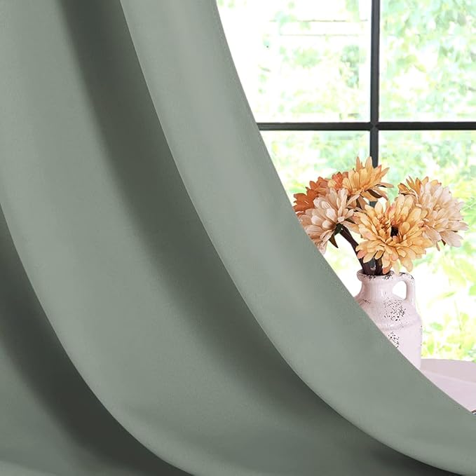 NICETOWN Bedroom Curtains Blackout Drapery Panels, 2 Panels, 70 x 108 inches, Greyish Green, Three Pass Microfiber Thermal Insulated Solid Ring Top Blackout Window Curtains/Drapes