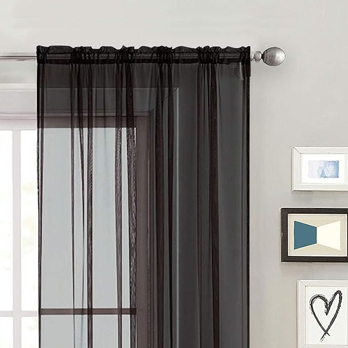 SpaceDresser Basic Rod Pocket Sheer Voile Window Curtain Panels White 1 Pair 2 Panels 70 Width 108 Inch Long for Kitchen Bedroom Children Living Room Yard(Black,70 W x 108 L)