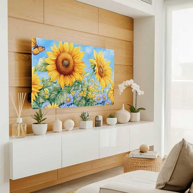 Watercolor Sunflower Butterfly Flower Leaves Indoor TV Cover, Elastic TV Screen - Image 2