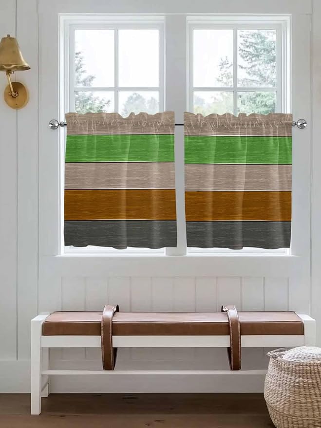 Farm Gray Green Brown Wood Grain Window Valance Curtains, Rustic Wooden Plank - Image 2