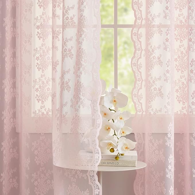 YJ YANJUN Vintage Lace Curtains Short Pink Floral Curtains 54 inch Length 2 Panels for Kitchen Living Room Bedroom Bathroom Window Voile Sheer Panels Baby Girl Nursery Decor 52" W x 54" L, Pink